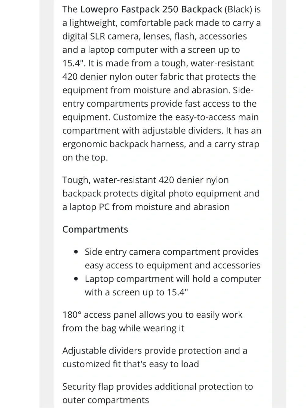 Lowepro Fastpack 250 Backpack Photo Equipment Camera Lenses Flash Padded Laptop